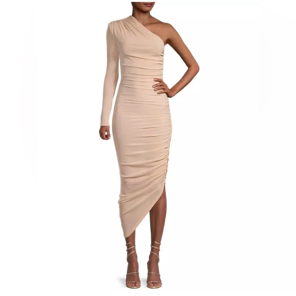 MISHA Tansy Ruched Sparkle Mesh Midi Dress in Champagne - Image 3