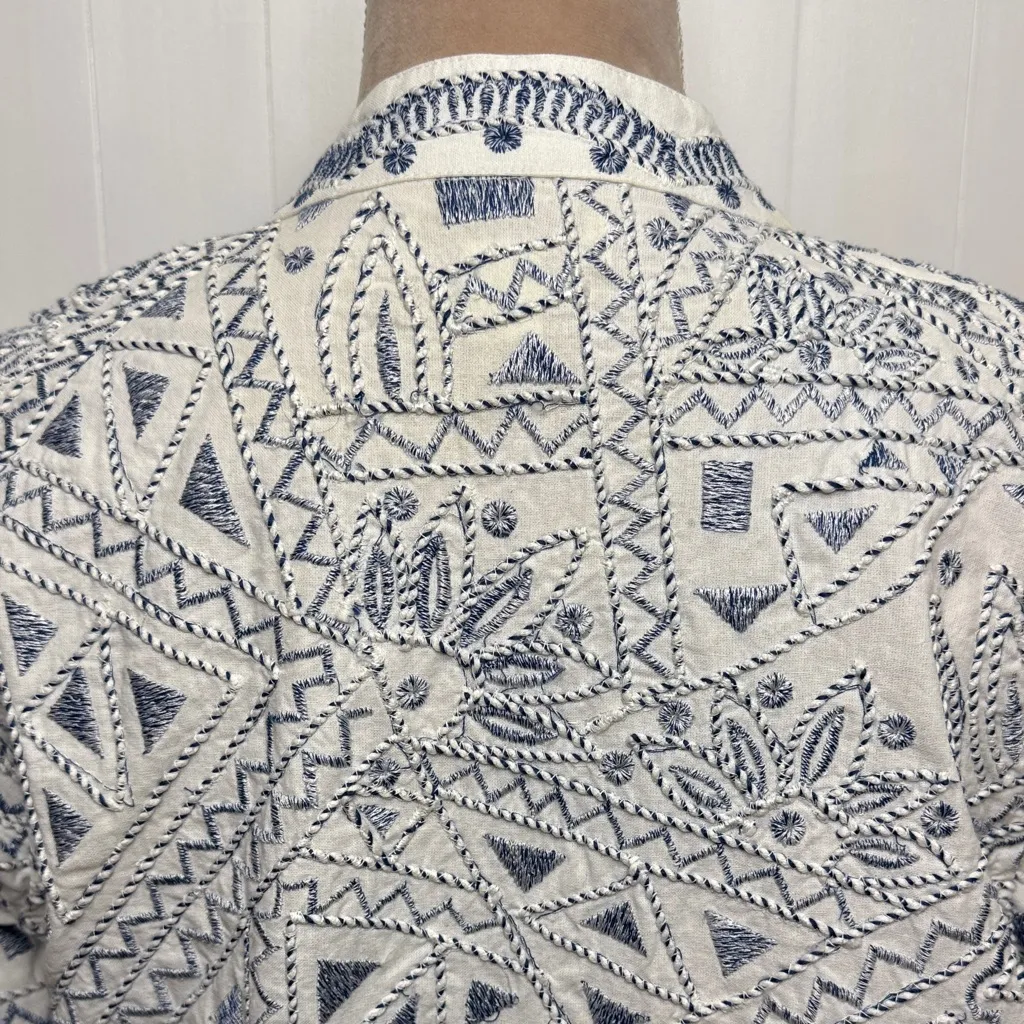 Coldwater Creek Women's Blue and White Cotton Embroidered Open Jacket Size PS - Image 7