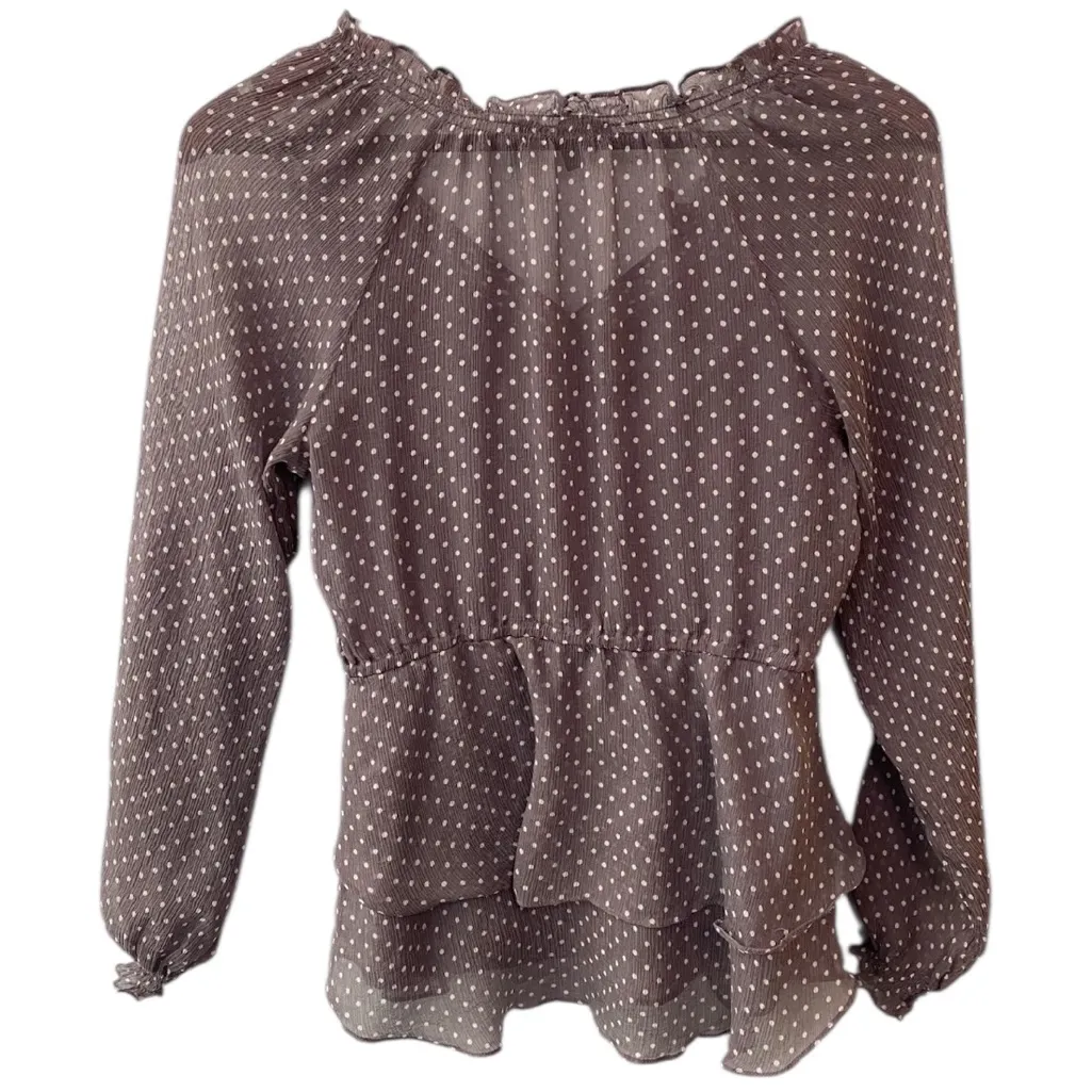 CYNTHIA STEFFE POLKADOT SILK LONG SLEEVE SHEER CHIFFON BLOUSE MAUVE WHITE TOP M - Image 3