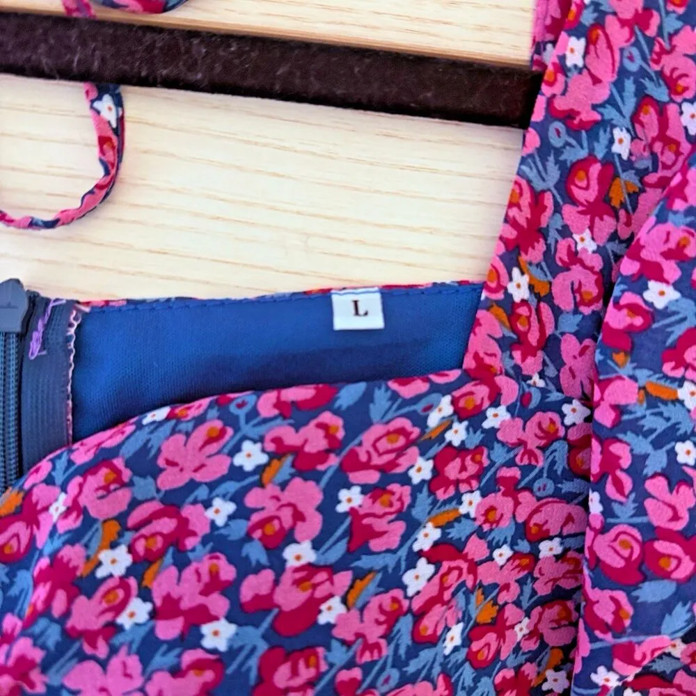 Boho Floral Mini Dress‎ L Women’s Long Sleeve Ruffle Hem Cottagecore Lace Trim Blue Size L - Image 5