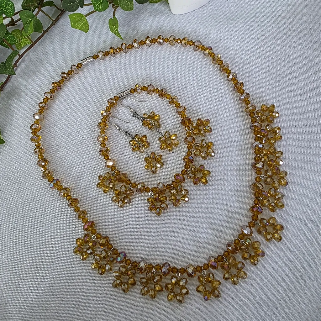 Champagne AB Crystal Bead Necklace Bracelet Earrings Set - Image 2
