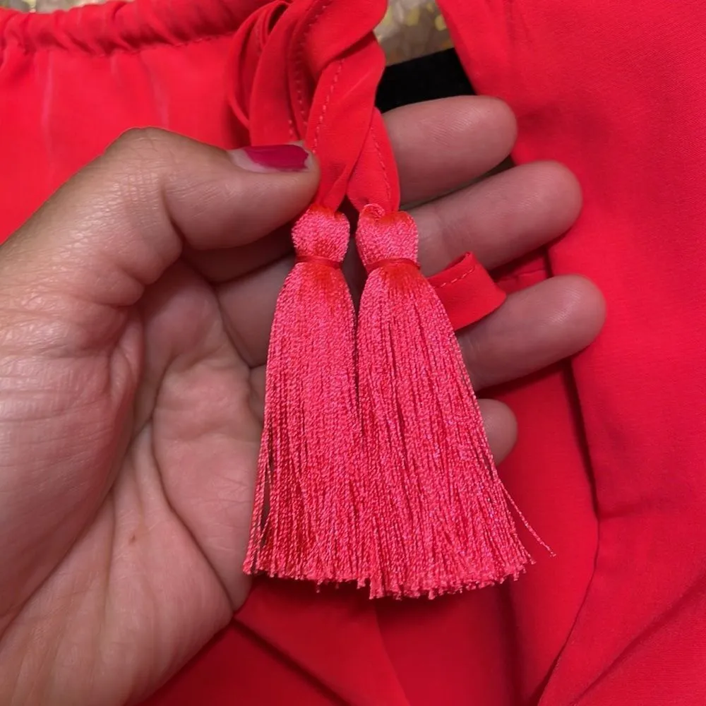 Athleta bright neon coral pink/red fit and flare dress, tie back w/ tassels, S - Image 7