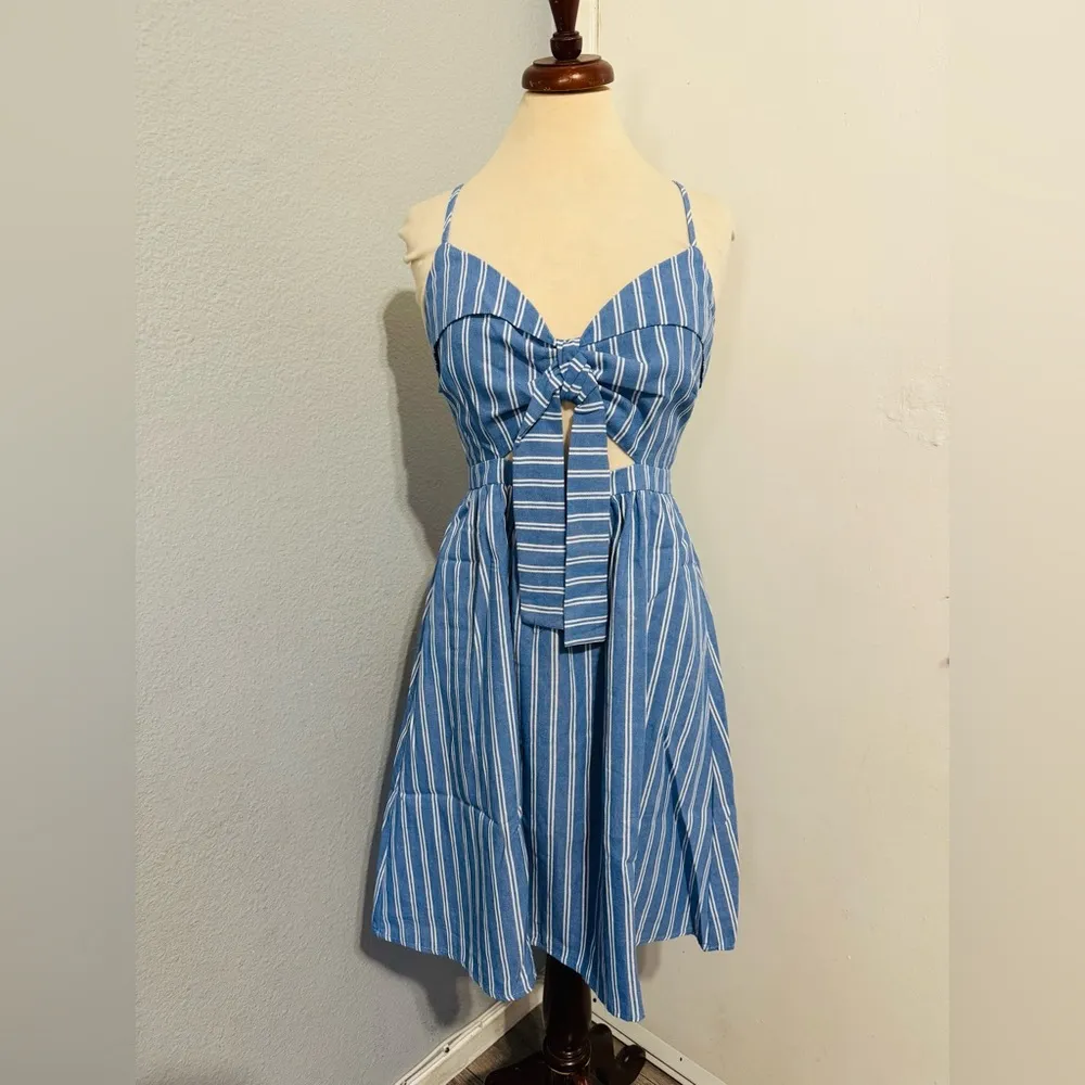 Main Strip Blue Striped Mini Yacht Cut Out Fit and Flare Dress with Pockets Sz S White - Image 5