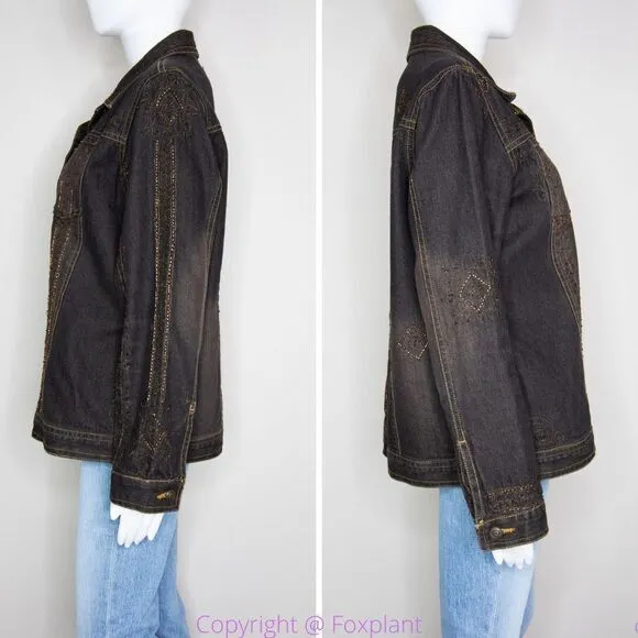 Laura Ashley brown beaded embroidered button up‎ jean jacket, size M - Image 6