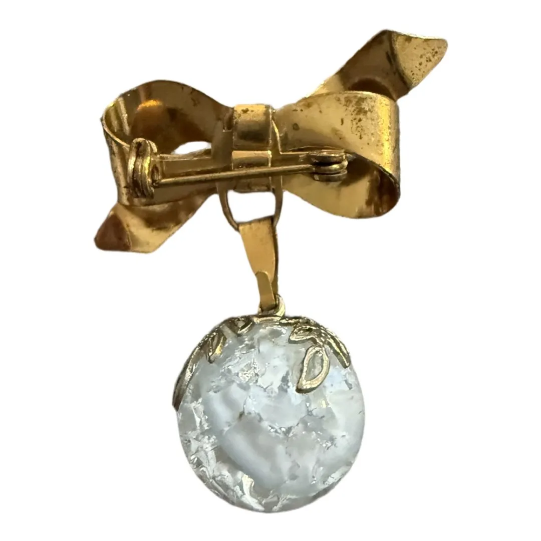 Vintage Gold Tone Bow Brooch Dangle Crystal Ball Pin Etched Glass - Image 3
