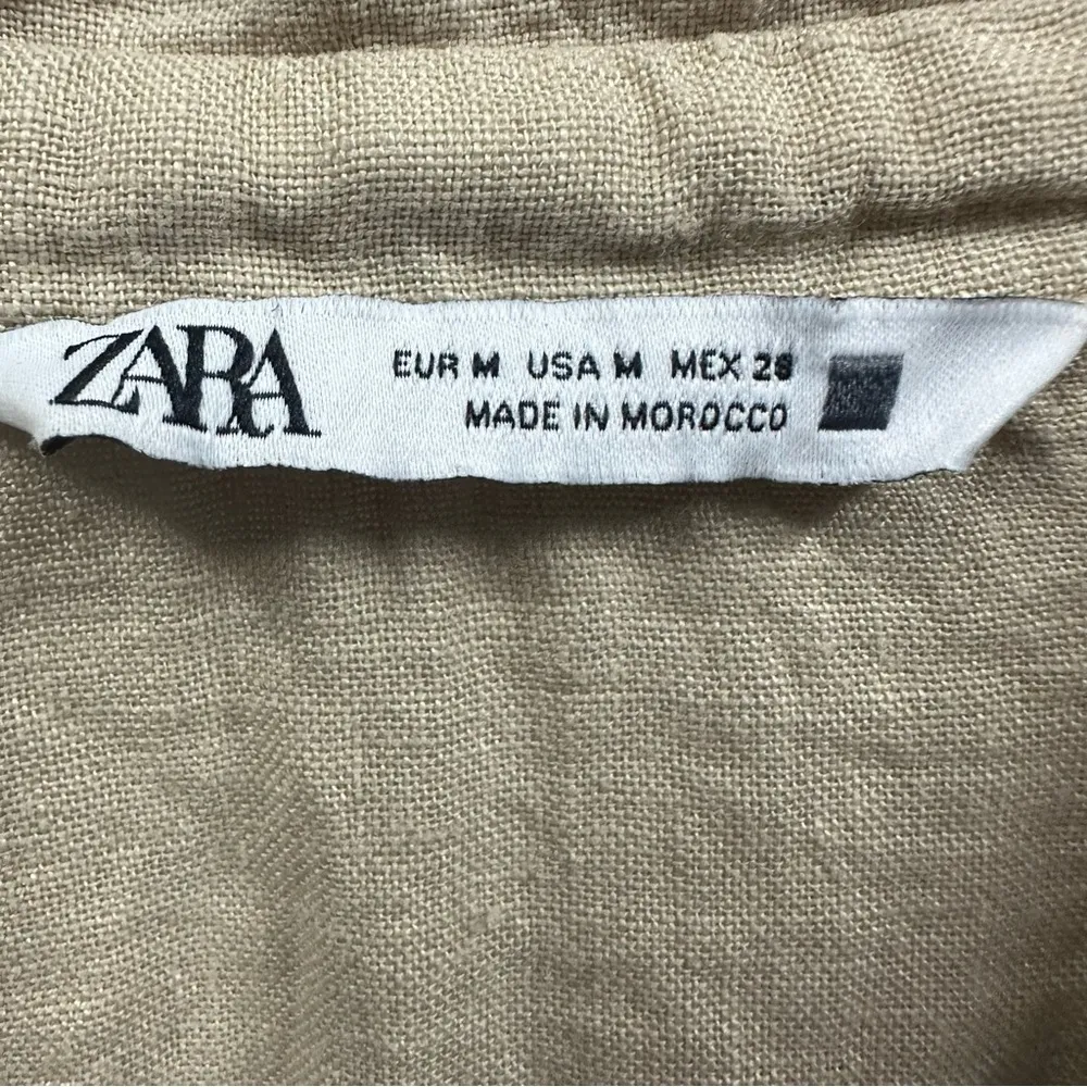 Zara Linen Tan Khaki Button Up Short Sleeve Double Pocket Top Blouse Womens M - Image 9