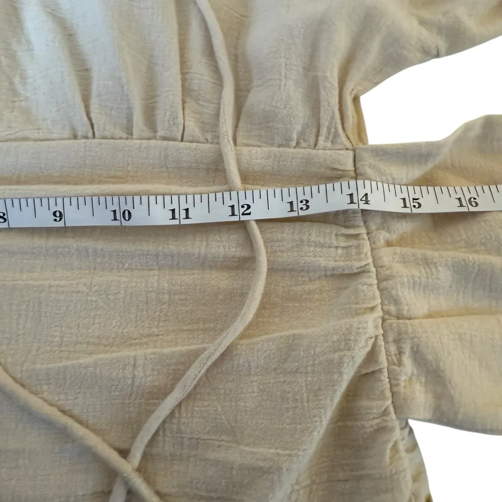 Free People Mini Dress XS Cream Gauzy Boho Peasant Ruched Buttons Neutral NWT - Image 12