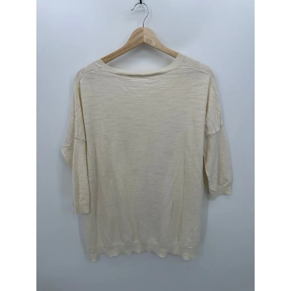 Moth Anthropologie Tunic Sweater Women Medium Cream 1/2 Sleeve Cotton Side Slit - Image 2