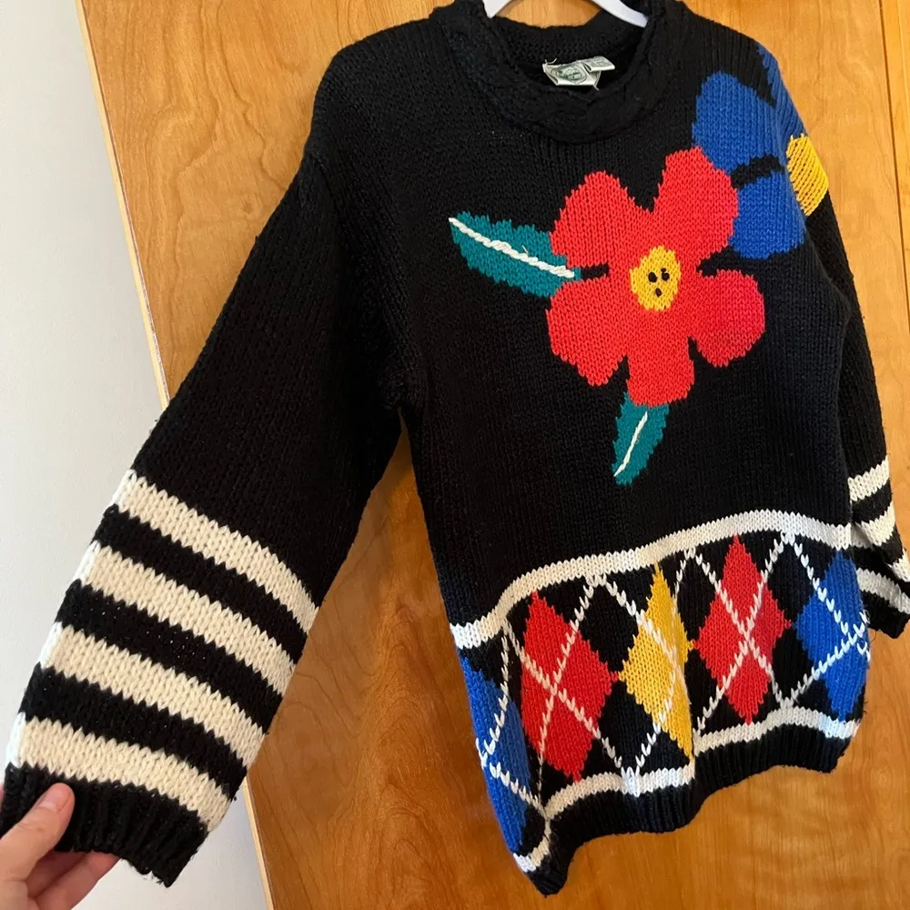 Colter Bay International Vintage Sweater Big Poppy Flowers Floral Argyle Medium - Image 2