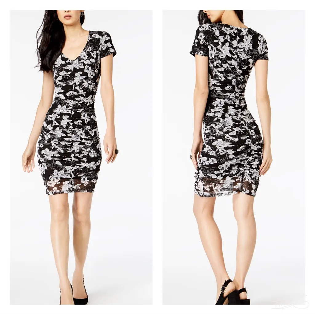 New INC Black and White Mosaic Peony Floral ruched pencil dress S - Image 12