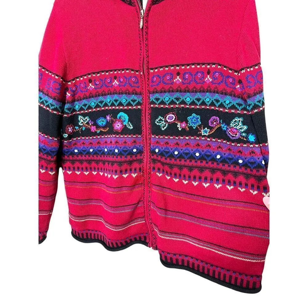Vintage Koret Floral Embroidered Knit‎ Women's Zip Up Sweater Jacket Size M Red Size M - Image 2