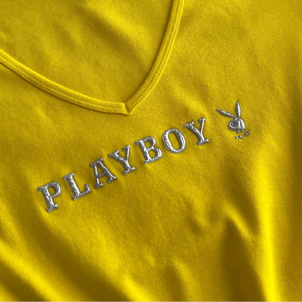 Playboy Y2K Yellow Short Sleeve Logo V Neck Top - Image 2