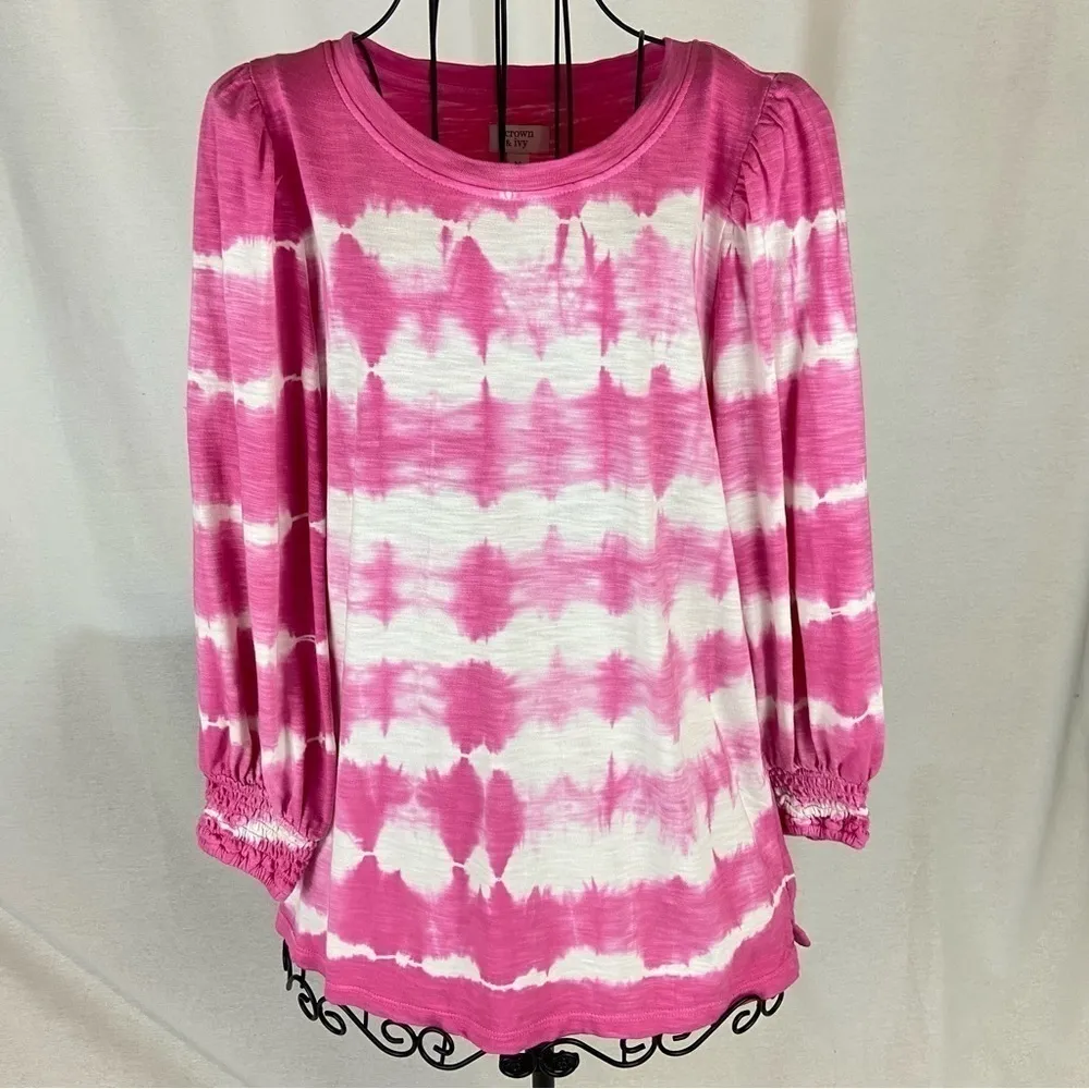Crown and Ivy Pink Tie Dye Puff Sleeves Top Women’s Size Medium Barbie - Image 12
