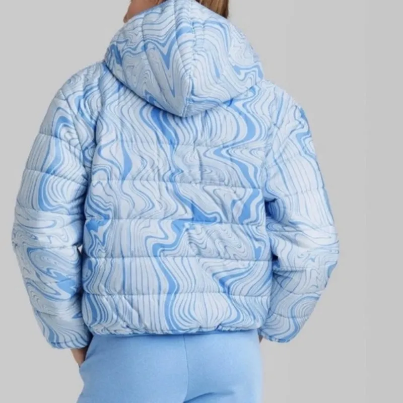 Wild Fable Blue Marble Hooded Puffer Jacket Sz S NWT - Image 7