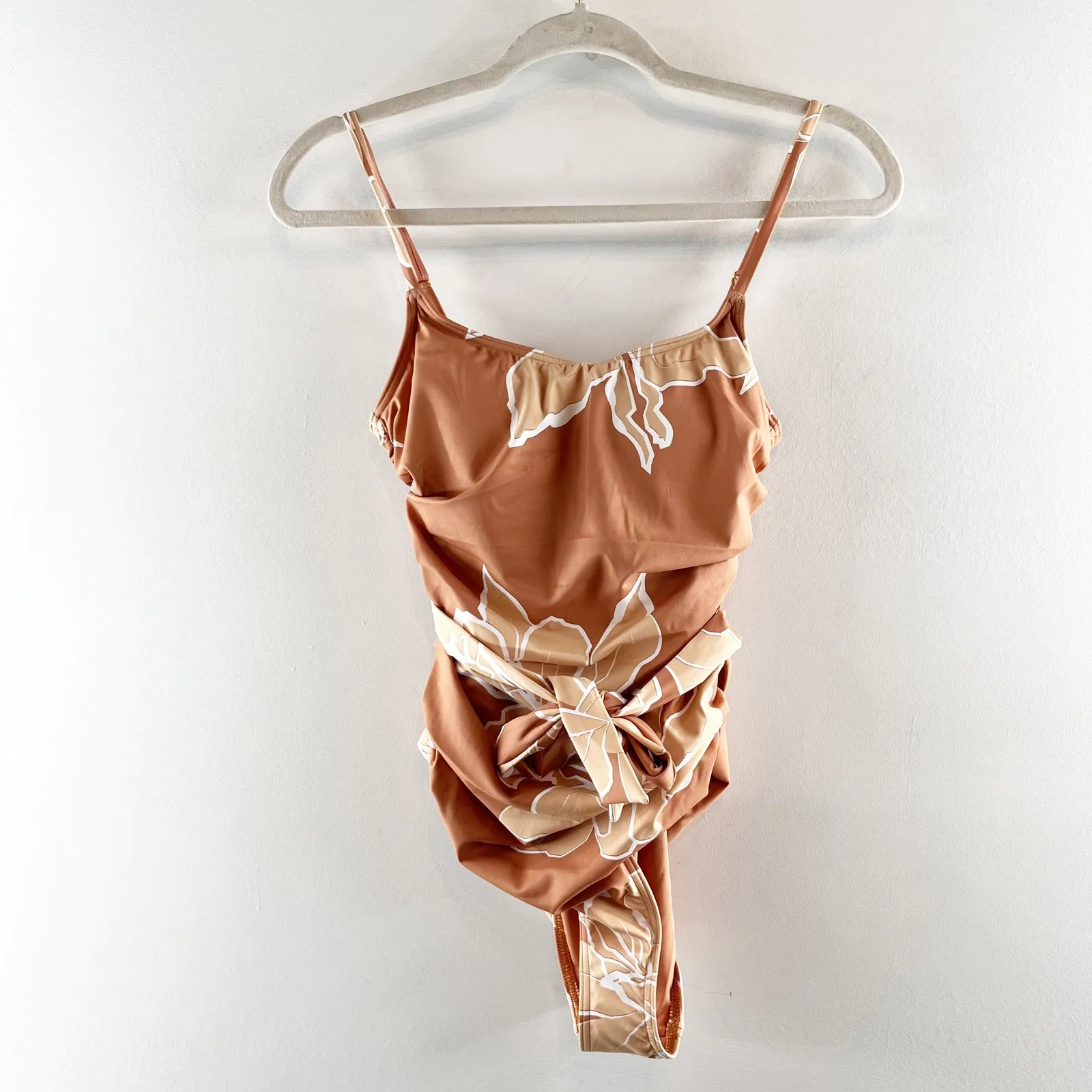 Hutch Zenna Tie Waist Ruched Floral One Piece Swimsuit Bathing Suit Hazel Tan S - Image 5