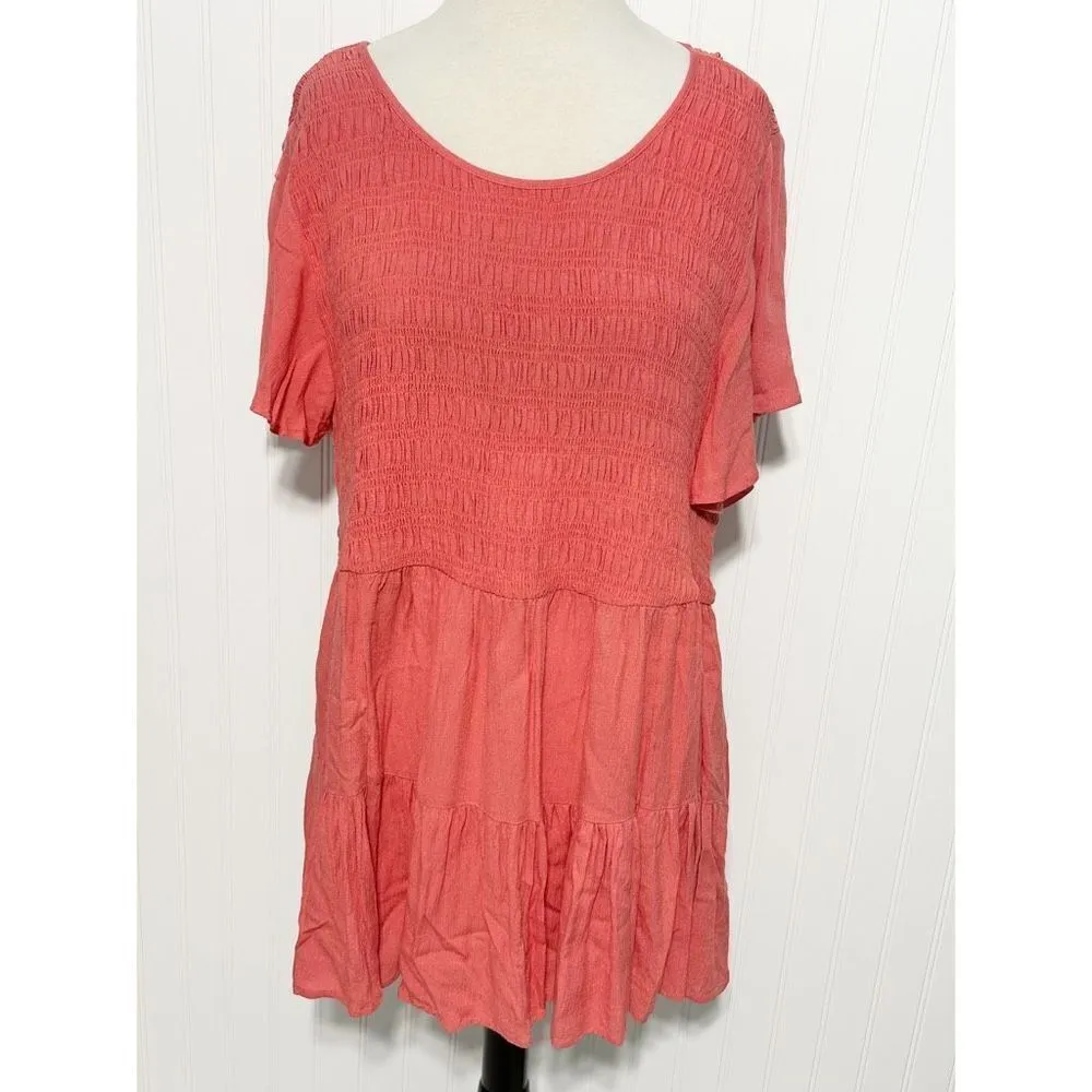 Torrid Women's Babydoll Crinkle Gauze Smocked Top Blouse Tiered‎ Coral Pink 3X - Image 10