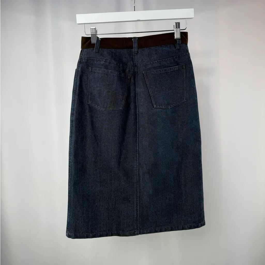 Y2K Armani Exchange Corduroy Accent Denim Pencil Midi Skirt in Blue Brown Size 0 - Image 3