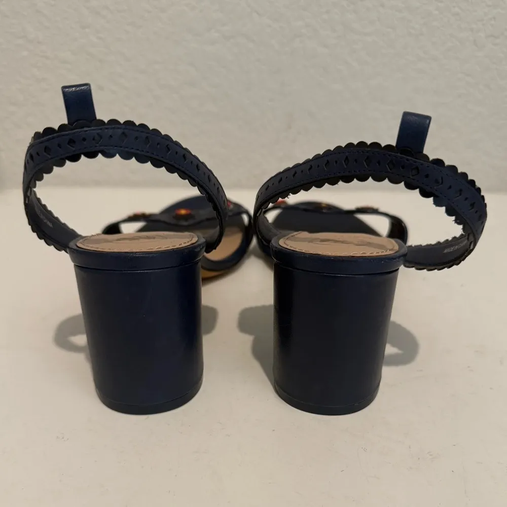 TORY BURCH Marguerite Perforated Floral Navy Blue Slingback Block Heel Sandal 10 - Image 6