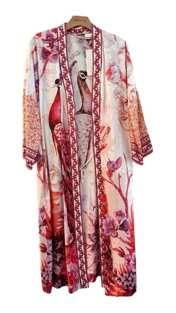 SOFT SURROUNDINGS Faye Silk Blend Peacock Kimono Robe Size M NEW - Image 1