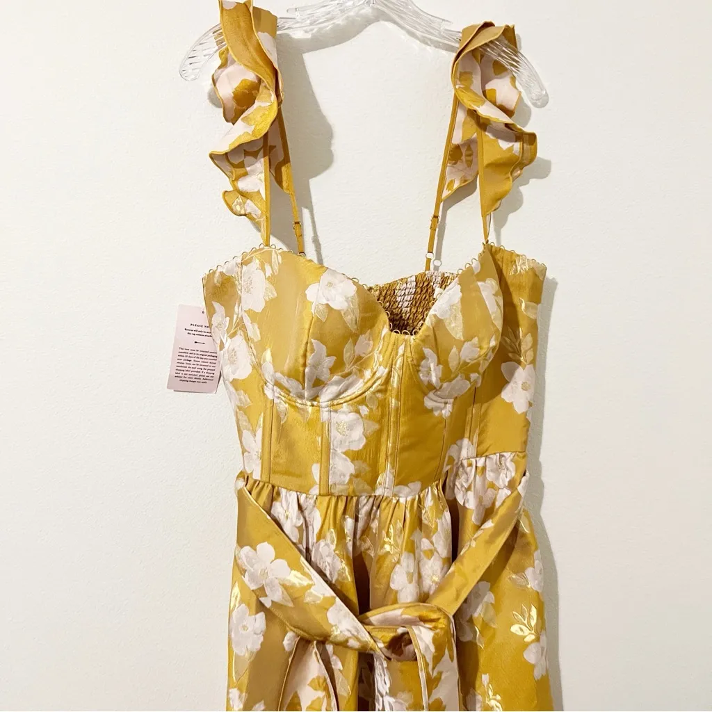 NWT V. Chapman Vera Ruffle Strap Corset Side Slit Midi Dress Gold Floral Sz 14 - Image 6