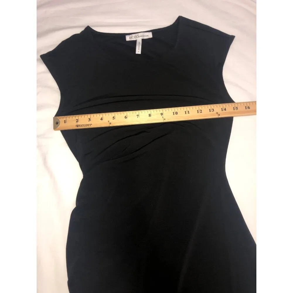 BCBG Asymmetrical Dress Size S Black Ruched Slinky Knit Sleeveless Party - Image 5