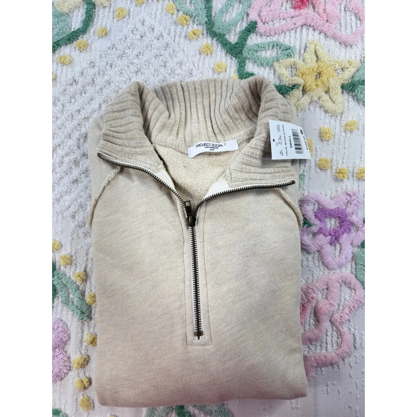 Project Social T Beige Ribbed Collar Quarter Zip Pullover Sweatshirt Small - Image 9