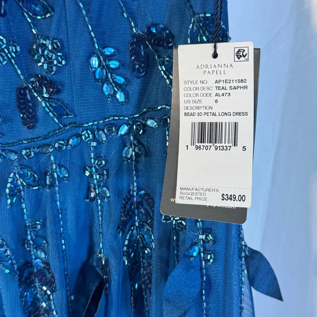 NWT Adrianna Papell Beaded 3D Petal Short Sleeve Gown Teal Blue Dress Sz 6 - Image 10