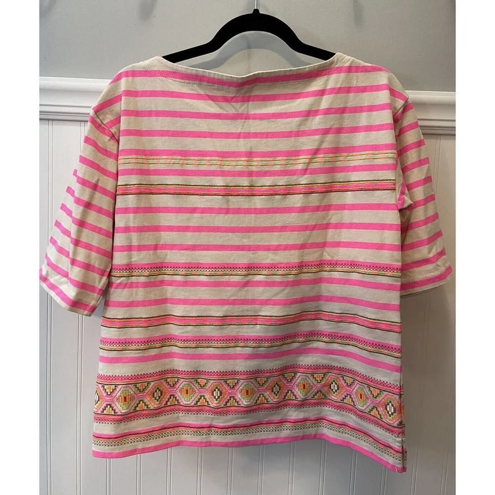 J. Crew Women's Top Stitchwork Striped Cream Pink Embroidered Elbow Sleeves Med. - Image 2