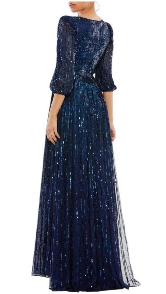 Mac Duggal Dark Blue Sequined Wrap Over 3/4 Sleeve Gown Navy size 4 Evening 5509 - Image 2