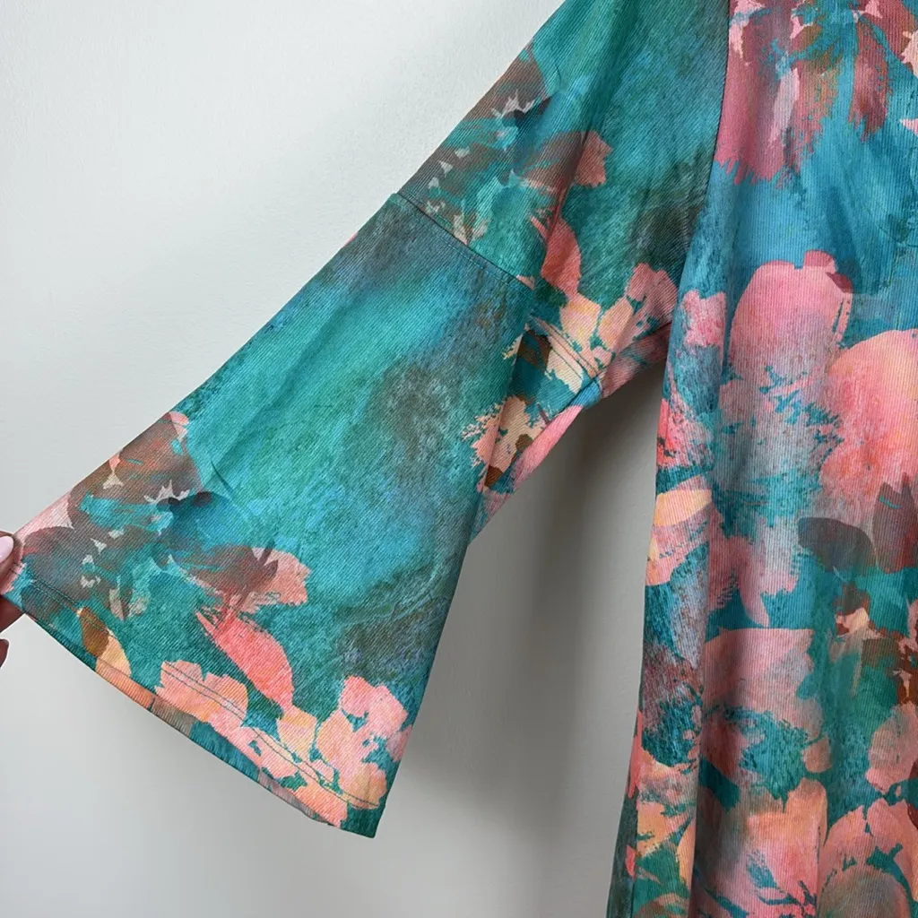 Soft Surroundings Maile Tunic Bell Sleeve Floral Knit Women’s Size Medium Teal - Image 4
