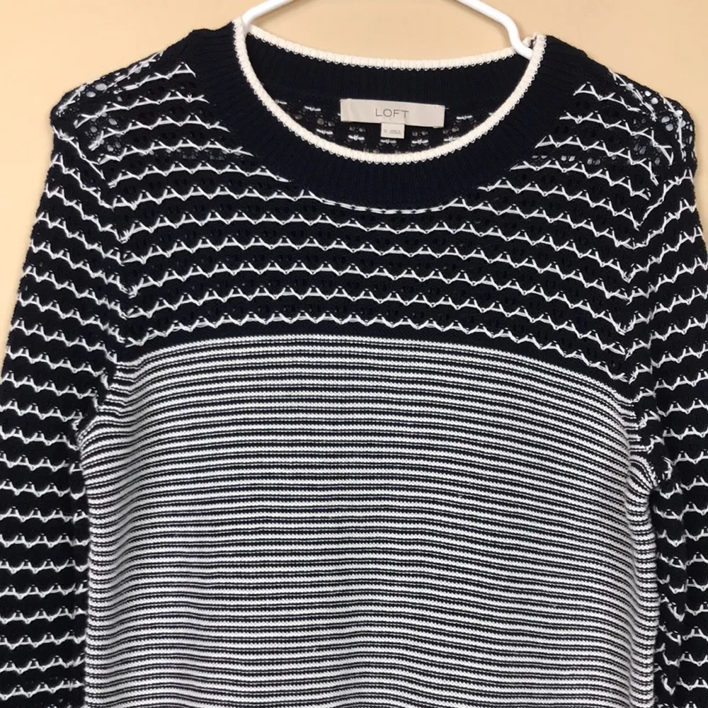 LOFT Women's Crochet Knit Striped Navy Blue White Long Sleeve Sweater - Image 2