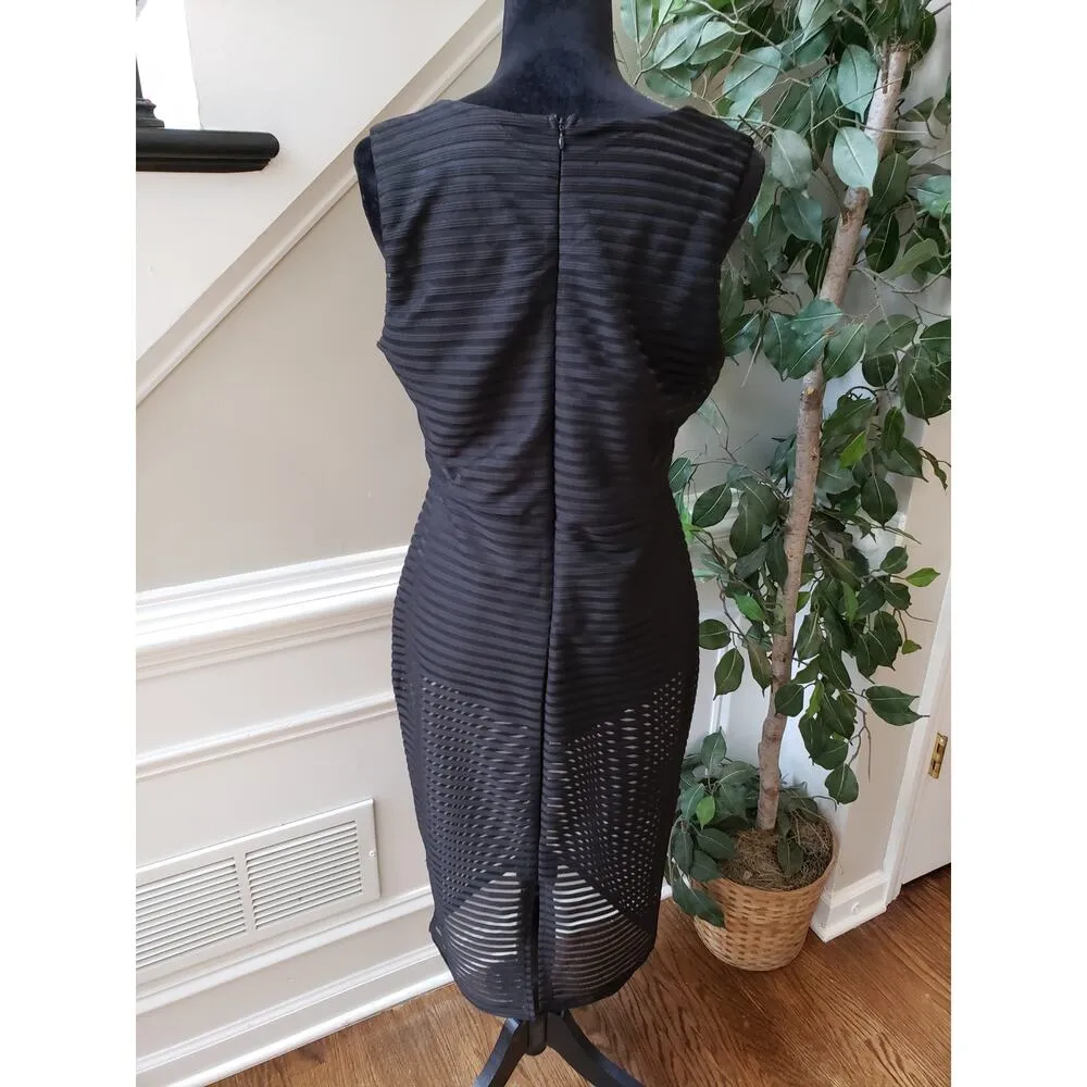 Haute Monde Sheath Dress Womens L Black Mesh Striped Lined Deep V Neck Back Zip - Image 4