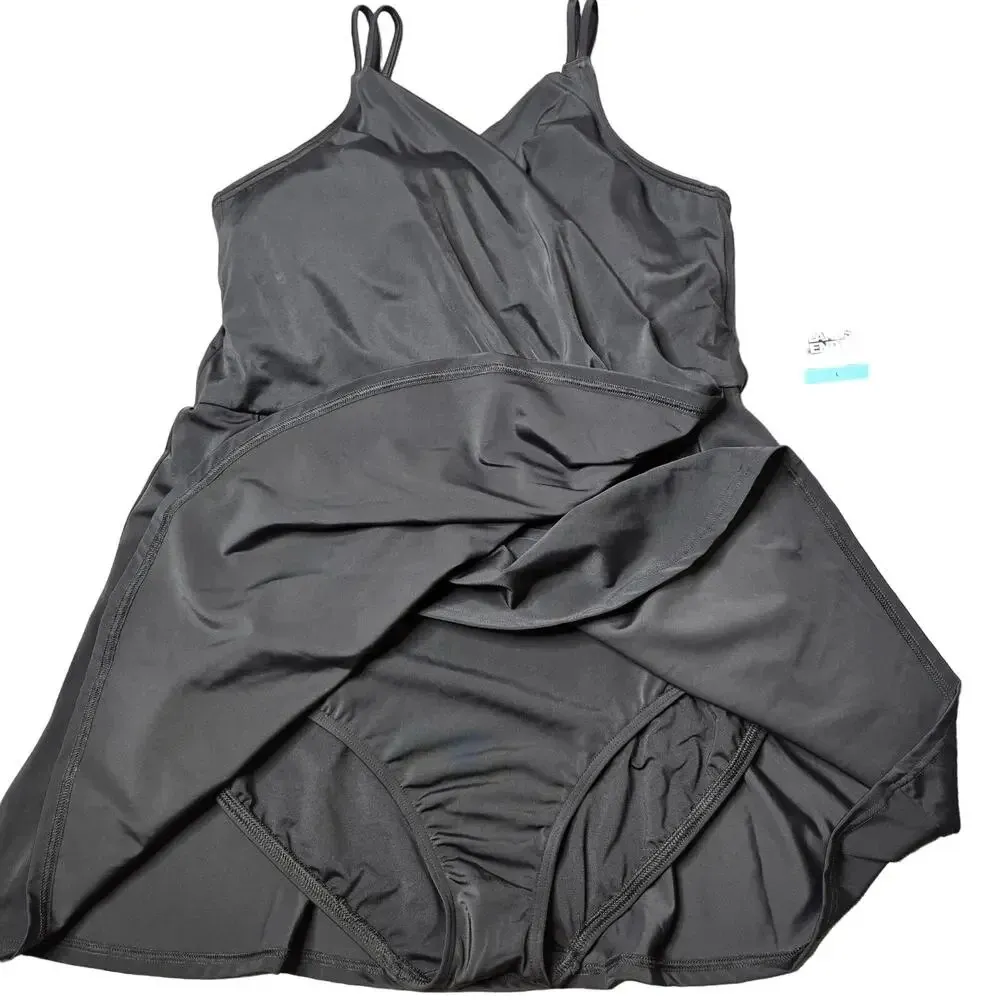 Lands' End Black One-Piece Tulip Wrap Swim Dress - Image 2