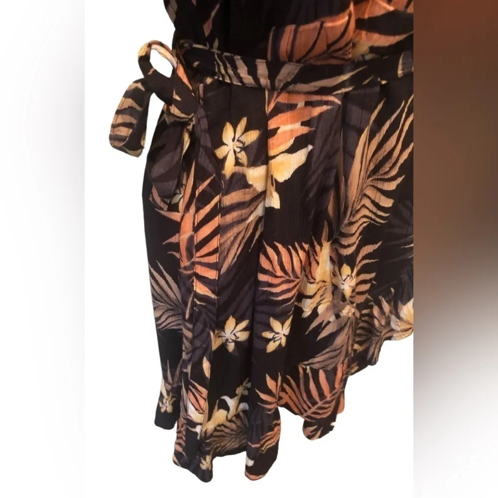 Billabong IN MY HEART Wrap Mini Dress M Ruffle Hem Printed Black Terracotta FALL - Image 4