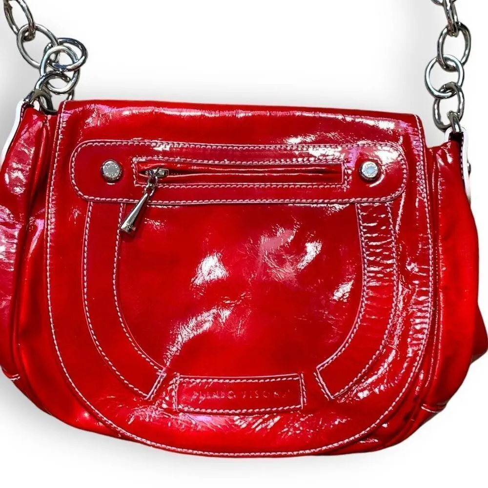 Plinio Visona Red Patent Leather Silver Chain Strap Crossbody Shoulder Bag - Image 7