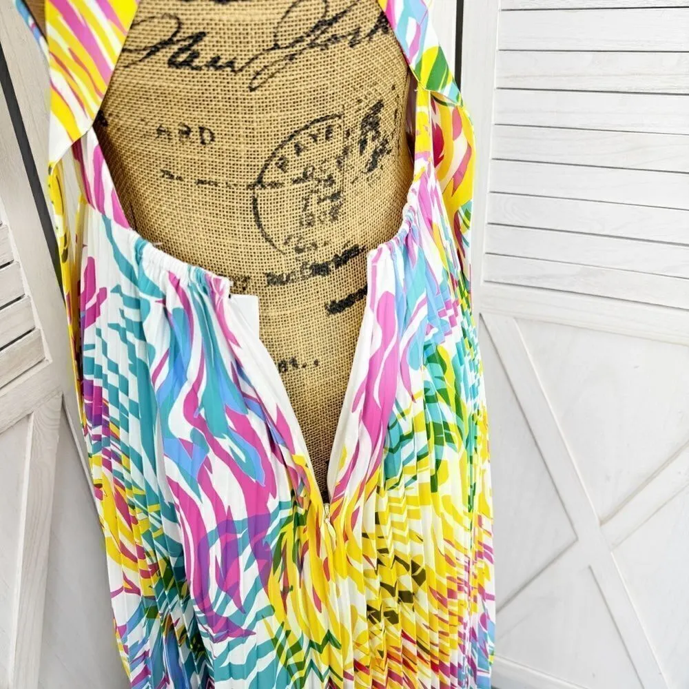 Milly Oria Waves of Zerbra Pleated Halter Maxi Dress Yellow Pink Multi Size 4 - Image 10