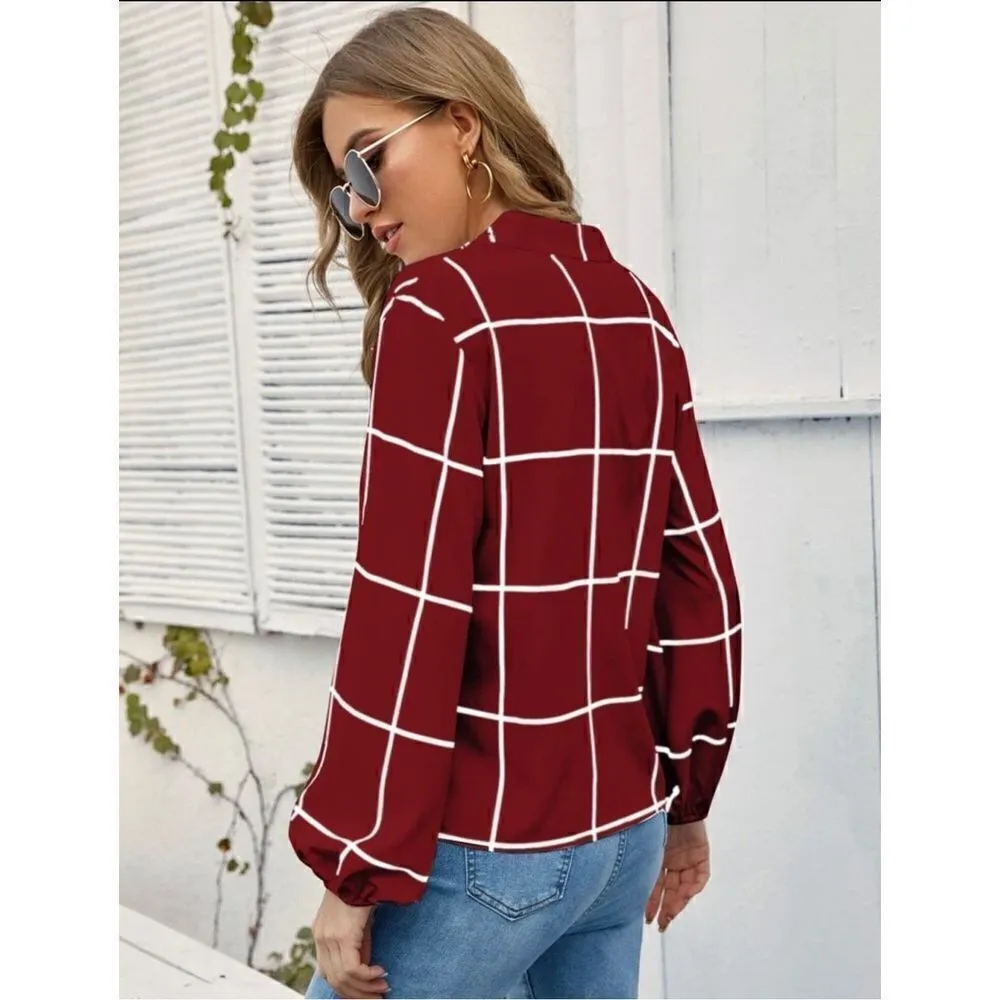 SHEIN Privé Windowpane Plaid Notched Neck Blouse Size Small - Image 2