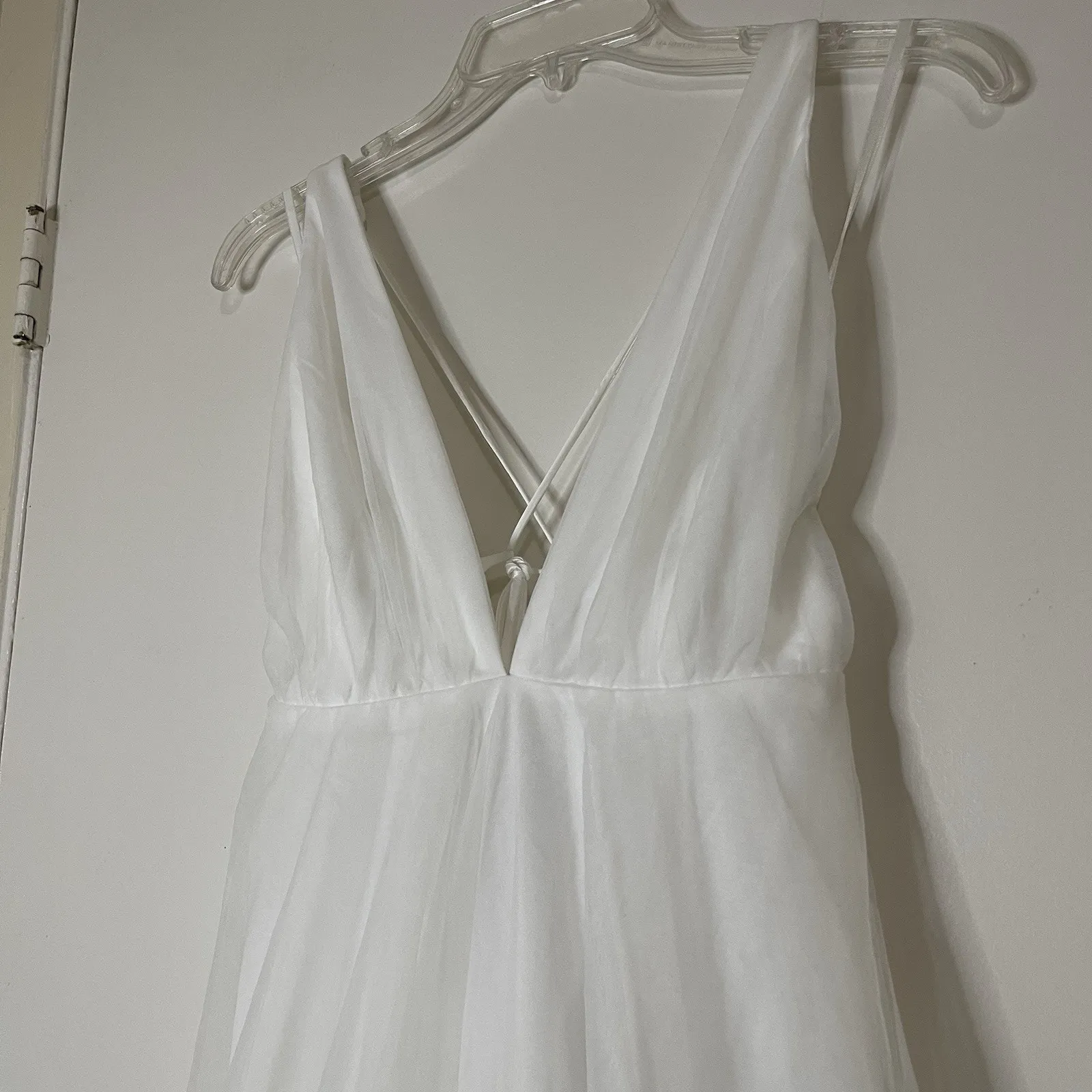 NEW! Selfie Leslie Floating By Plunging Neckline Mesh Overlay Midi Dress White L - Image 5