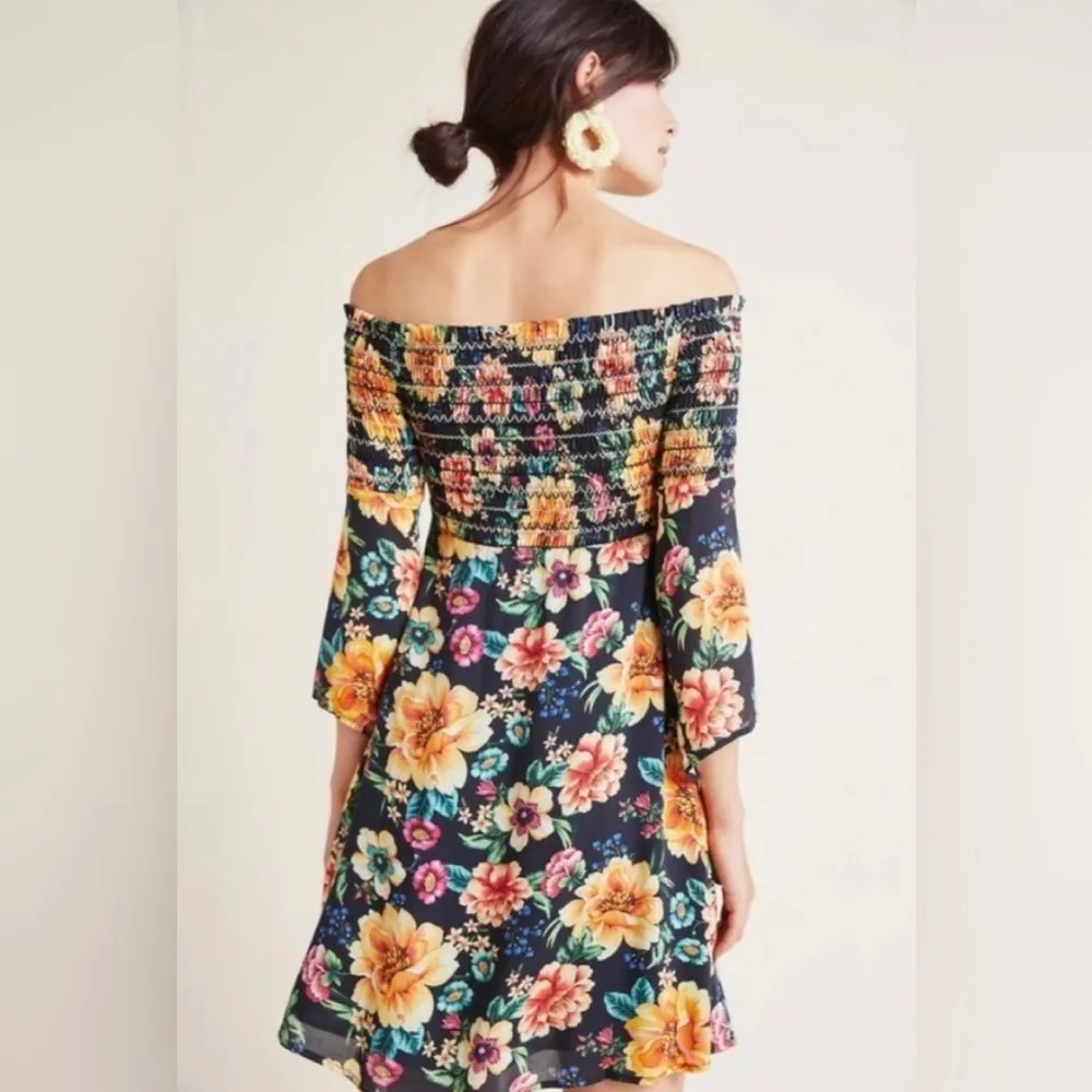 Farm Rio Anthropologie Dress Mini Smocked Dainty Off Shoulder Black Size Small P - Image 2