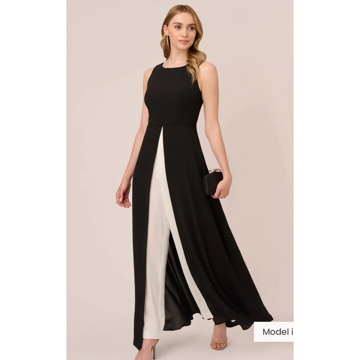 ADRIANNA PAPELL Colorblock Jumpsuit With‎ Skirt Overlay In Black Ivory Cocktail - Image 2