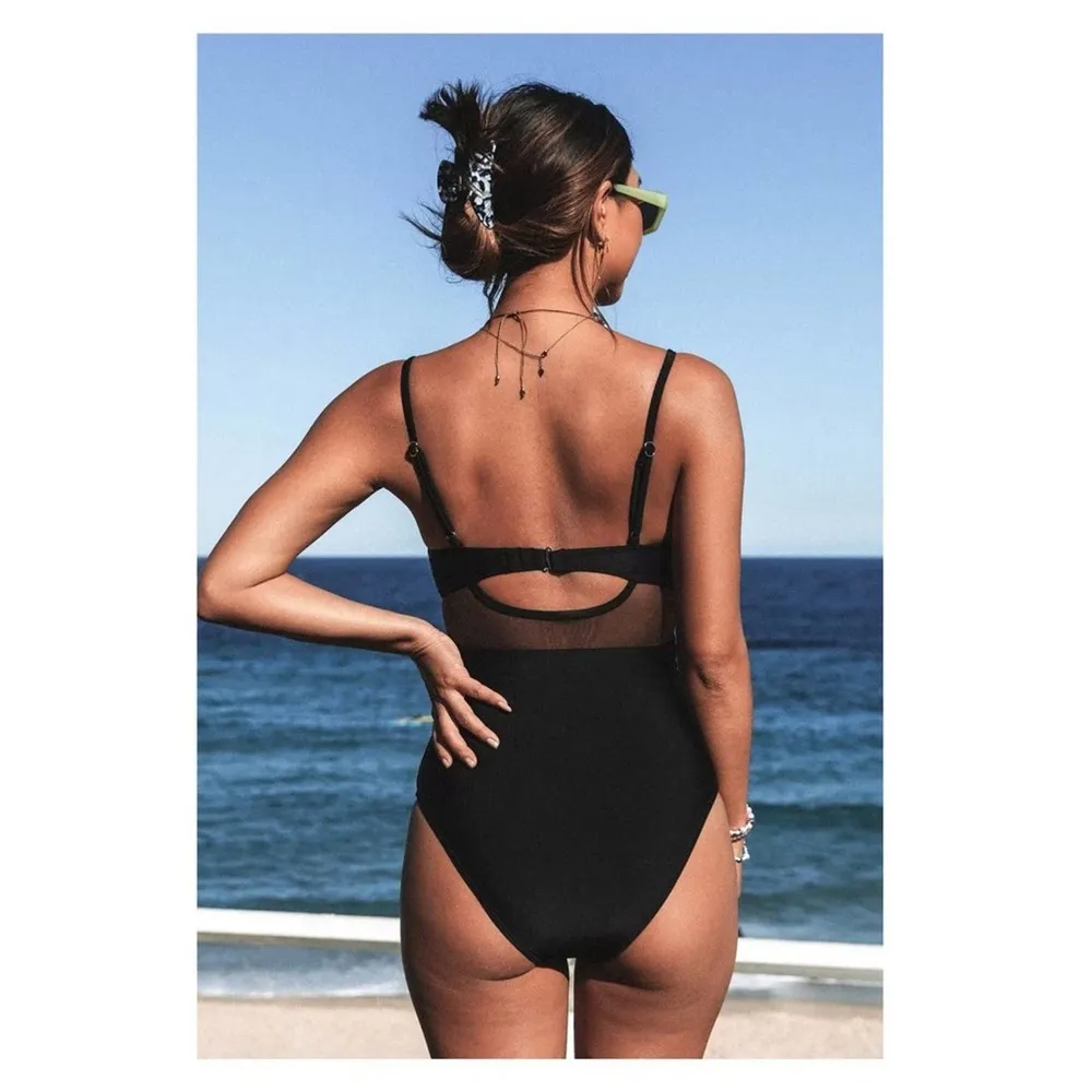 Cupshe Black Forest Adventure Solid Mesh Wrap Front Cutout One Piece Sz.S NWT - Image 3