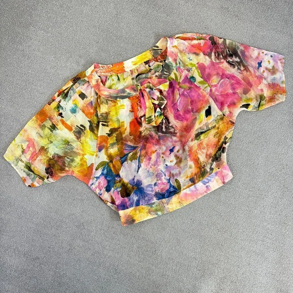 Chenault Watercolor Floral Chiffon Cold Shoulder Blouse Multicolor Small Pink - Image 14