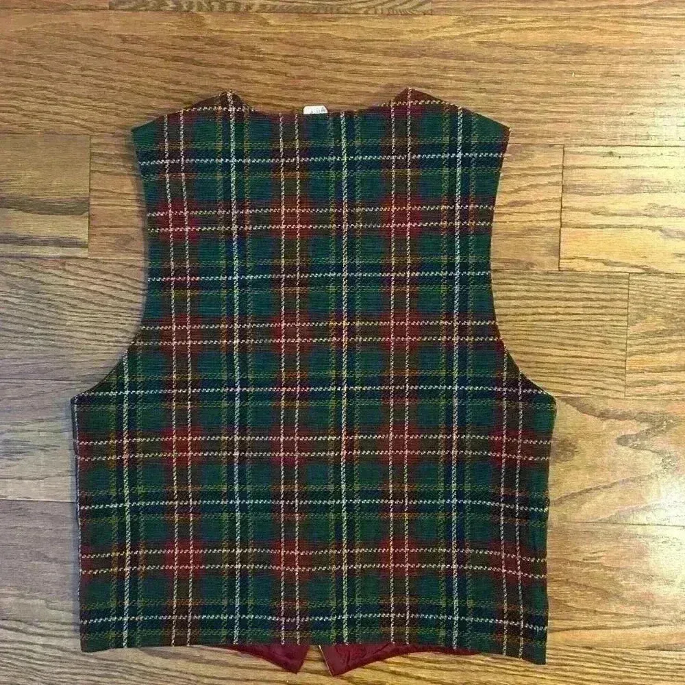 Vintage Christmas Tapestry Tartan Plaid Santa Vest Made In USA Size Medium 80s Red - Image 10