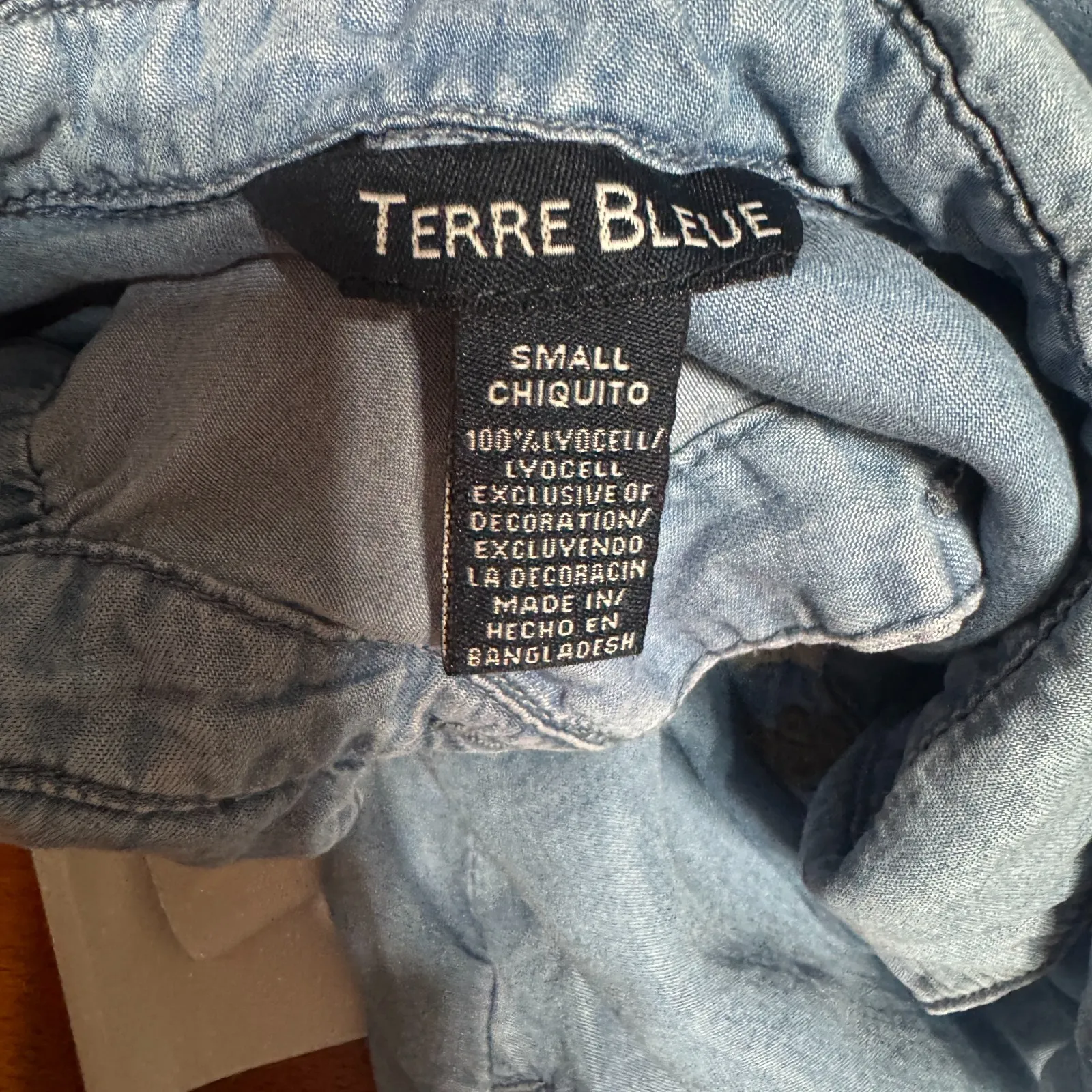 Terre Bleue Lyocell Shirt Dress Button Up Floral Embroidered sz S Chambray Blue - Image 5