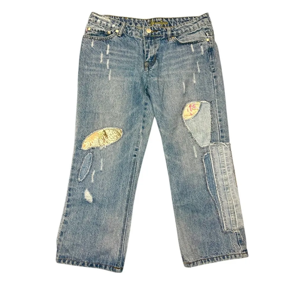 Y2K boho jeans capri patchwork boho hippie distressed artsy streetwear cropped Blue Size undefined - Image 2