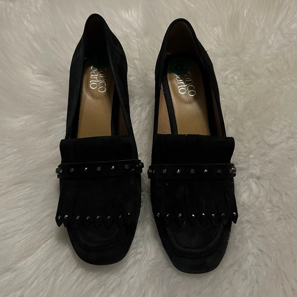 Franco Sarto Block Heel Black Suede Loafer Shoes With Fringe Stud Details Size 8 - Image 11