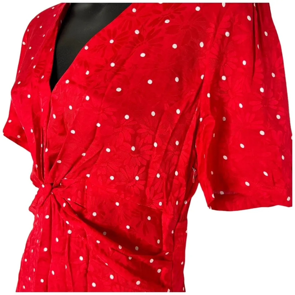 MAJE Womens Red Ripia Twist-Front Polka-Dot Floral Jacquard Mini Dress Sz Small - Image 3
