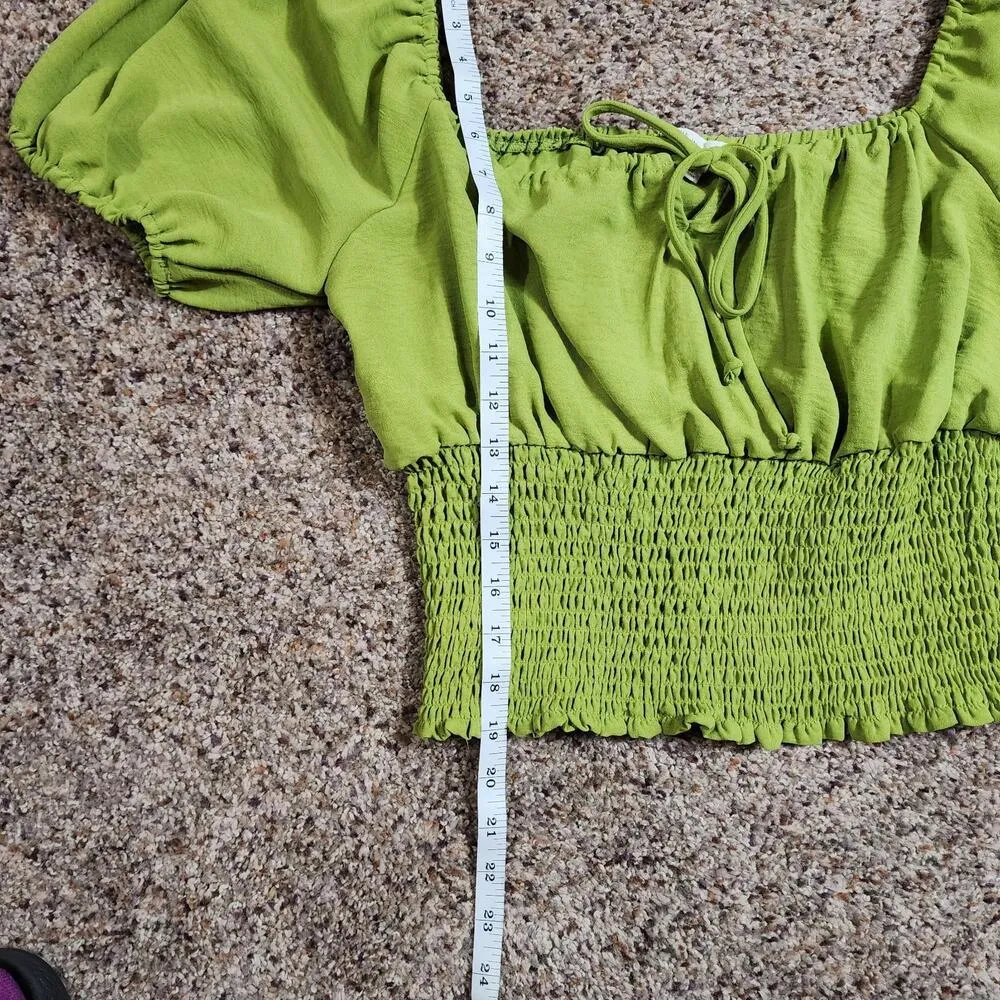 Pie In The Sky Cropped Summer Top Ribbed Ballon Short Sleeves Green Size XL - Image 6