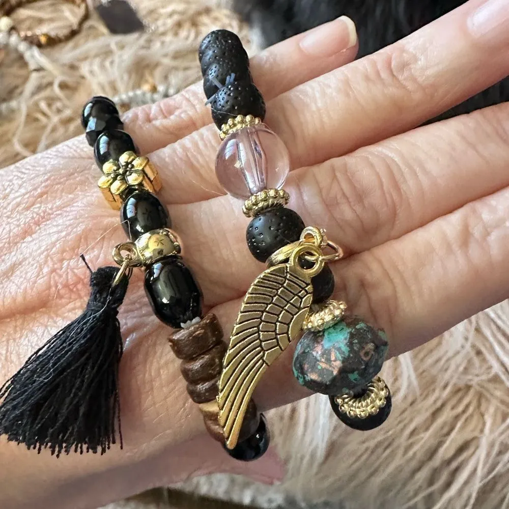 Beaded Angel Wing Bracelet Duo Set Black - Image 5