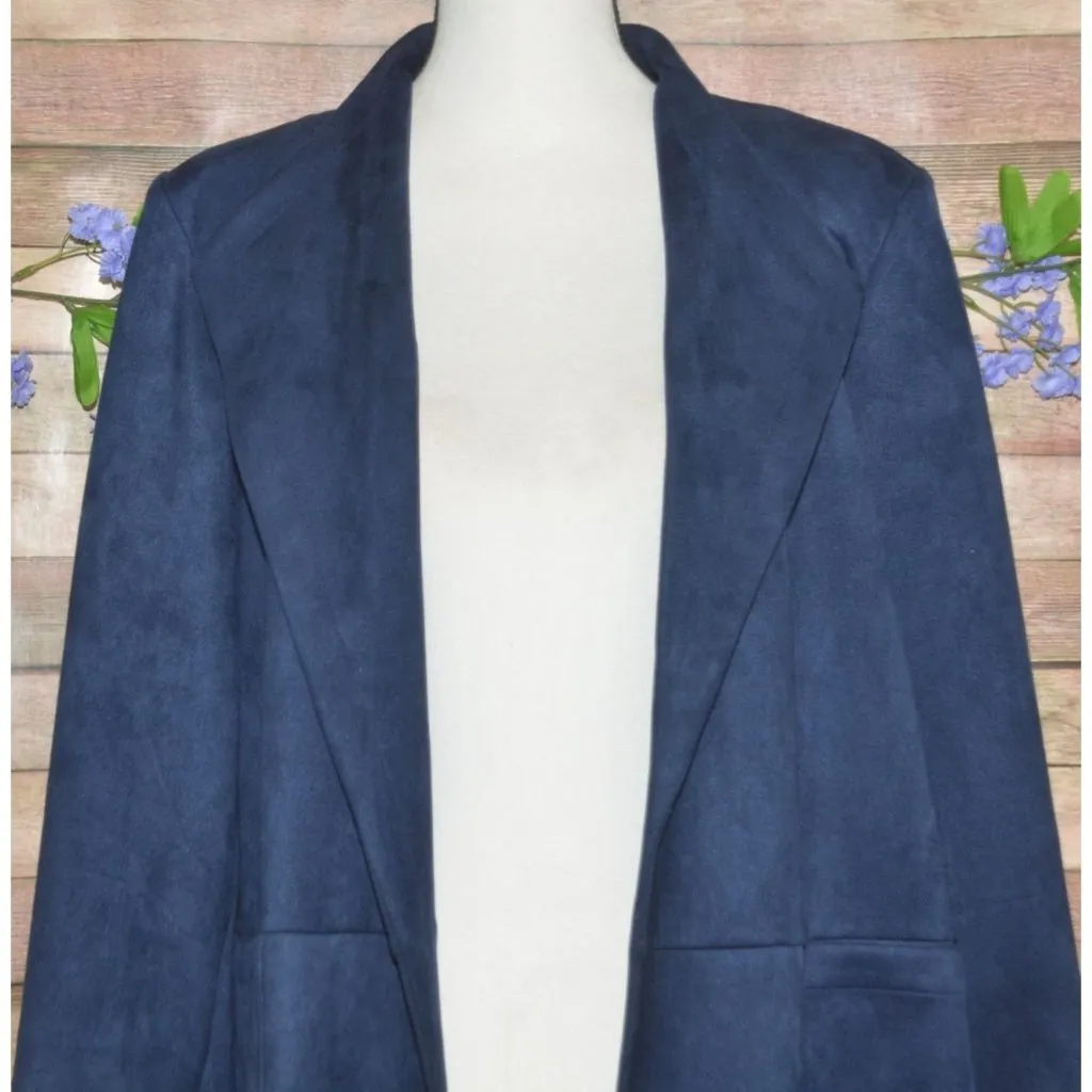 Dressbarn Ladies Blue Faux Suede Open Front Trench Coat Jacket Size L Warm Chic - Image 2